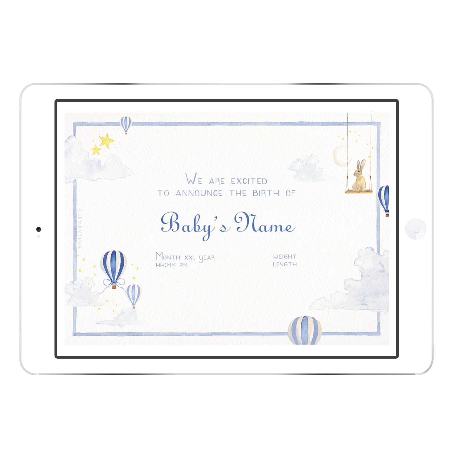 Blank Hot Air Balloons digital birth announcement template in blue palette with hand-painted balloons and stars, ready for personalised baby details.