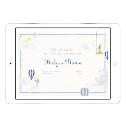 Blank Hot Air Balloons digital birth announcement template in blue palette with hand-painted balloons and stars, ready for personalised baby details.