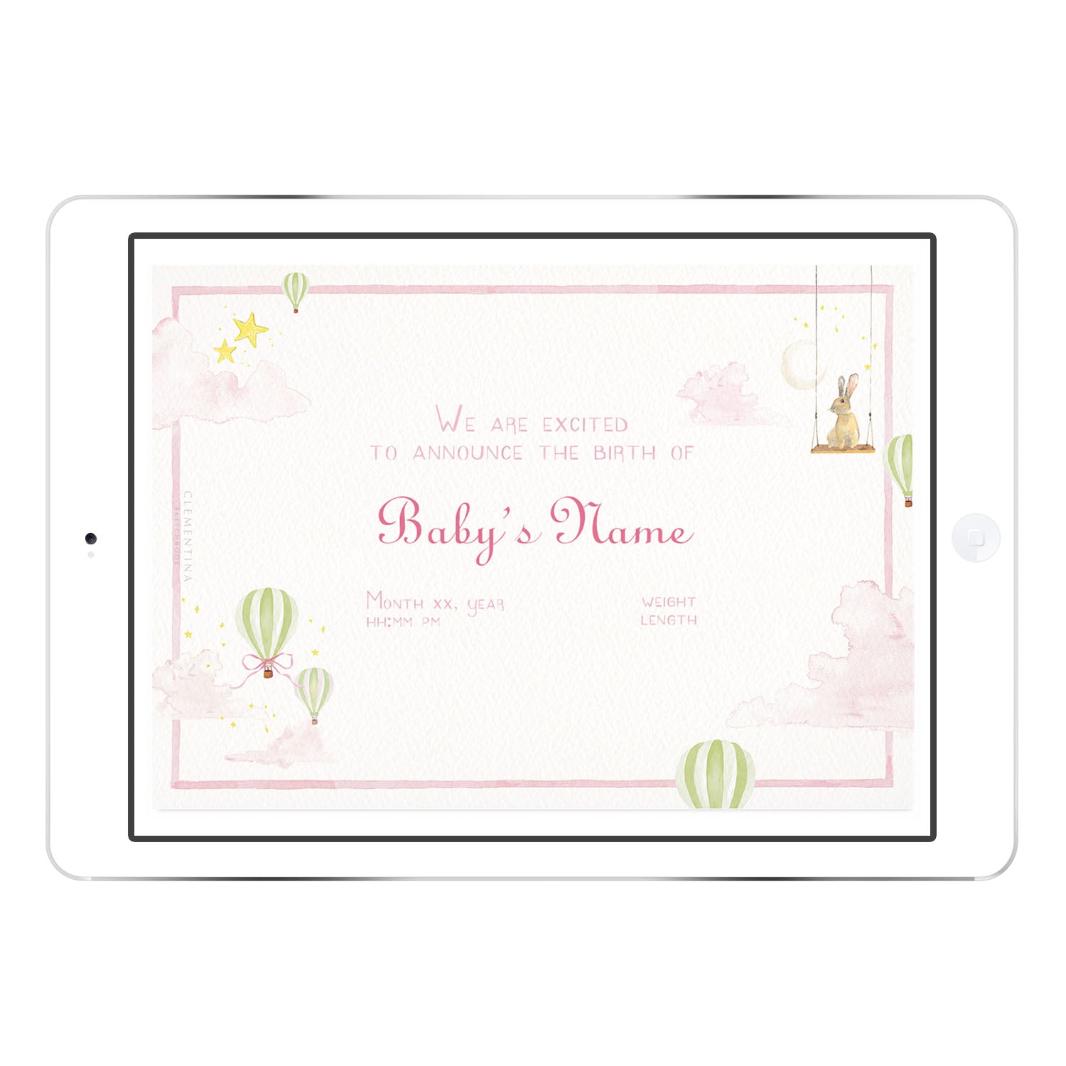 Blank Hot Air Balloons digital birth announcement template in pink palette with hand-painted balloons and stars, ready for personalised announcement text.