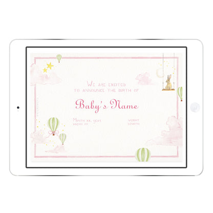 Blank Hot Air Balloons digital birth announcement template in pink palette with hand-painted balloons and stars, ready for personalised announcement text.
