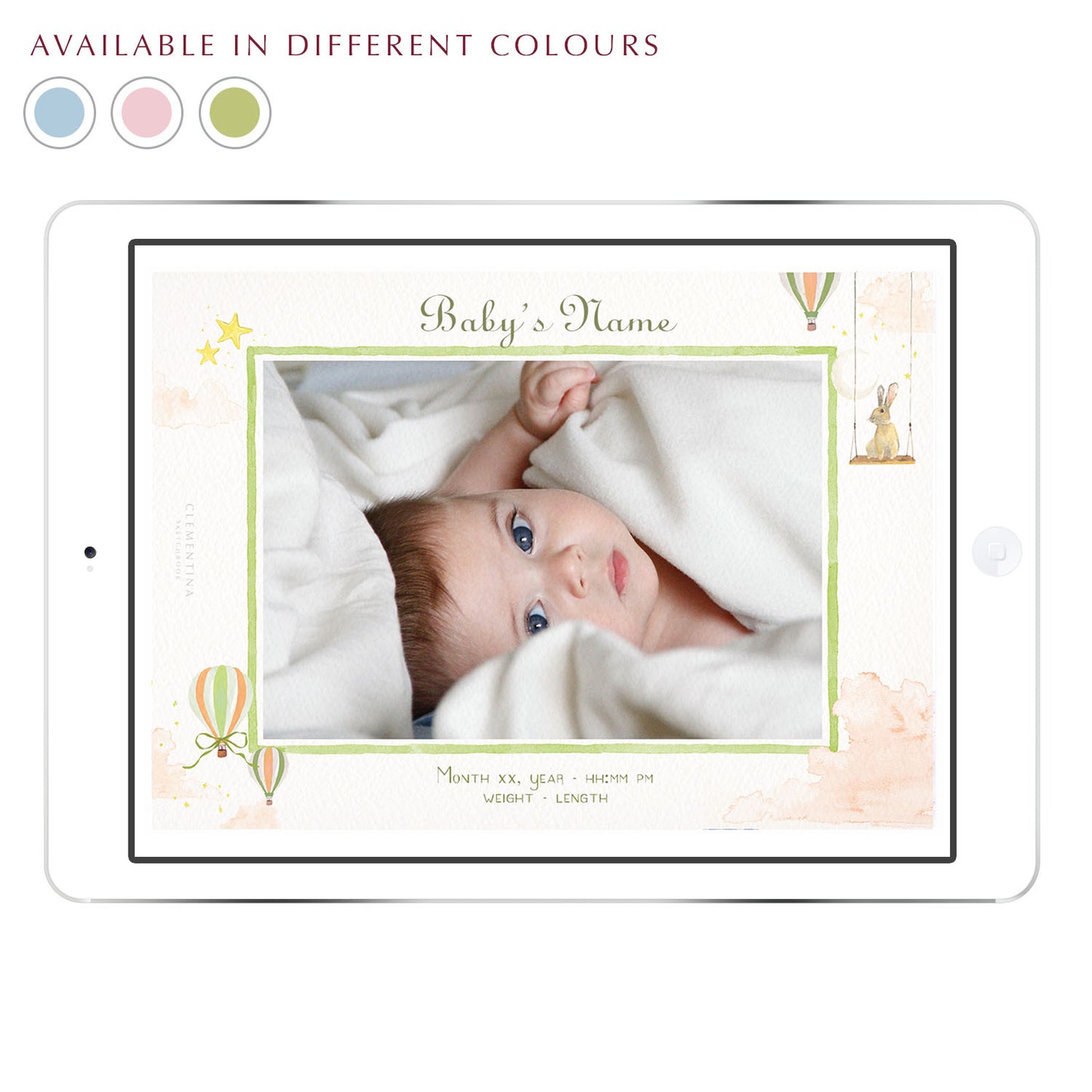 Hot Air Balloons digital birth announcement from Clementina Sketchbook with baby’s photo on an iPad screen, hand-painted watercolour hot air balloons, stars and toys in a green palette, personalised with birth details.