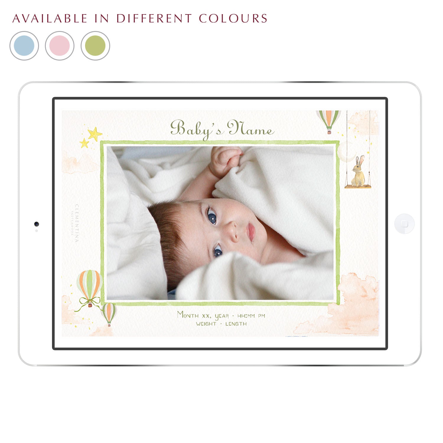 Hot Air Balloons digital birth announcement from Clementina Sketchbook with baby’s photo on an iPad screen, hand-painted watercolour hot air balloons, stars and toys in a green palette, personalised with birth details.