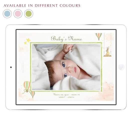 Hot Air Balloons digital birth announcement from Clementina Sketchbook with baby’s photo on an iPad screen, hand-painted watercolour hot air balloons, stars and toys in a green palette, personalised with birth details.