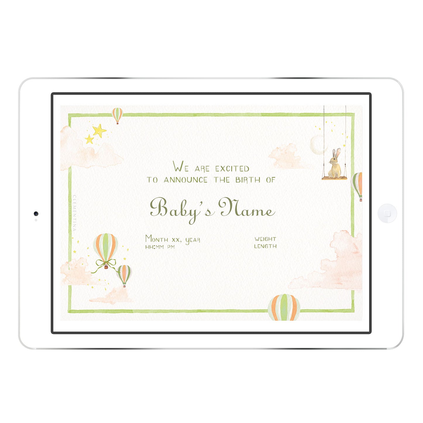 Blank Hot Air Balloons digital birth announcement template in green palette with hand-painted balloons and stars, ready for personalised baby name and birth info.