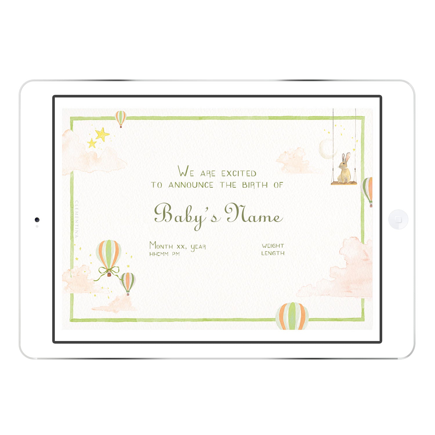 Blank Hot Air Balloons digital birth announcement template in green palette with hand-painted balloons and stars, ready for personalised baby name and birth info.