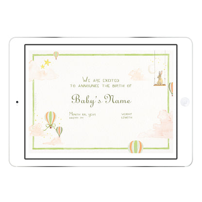 Blank Hot Air Balloons digital birth announcement template in green palette with hand-painted balloons and stars, ready for personalised baby name and birth info.