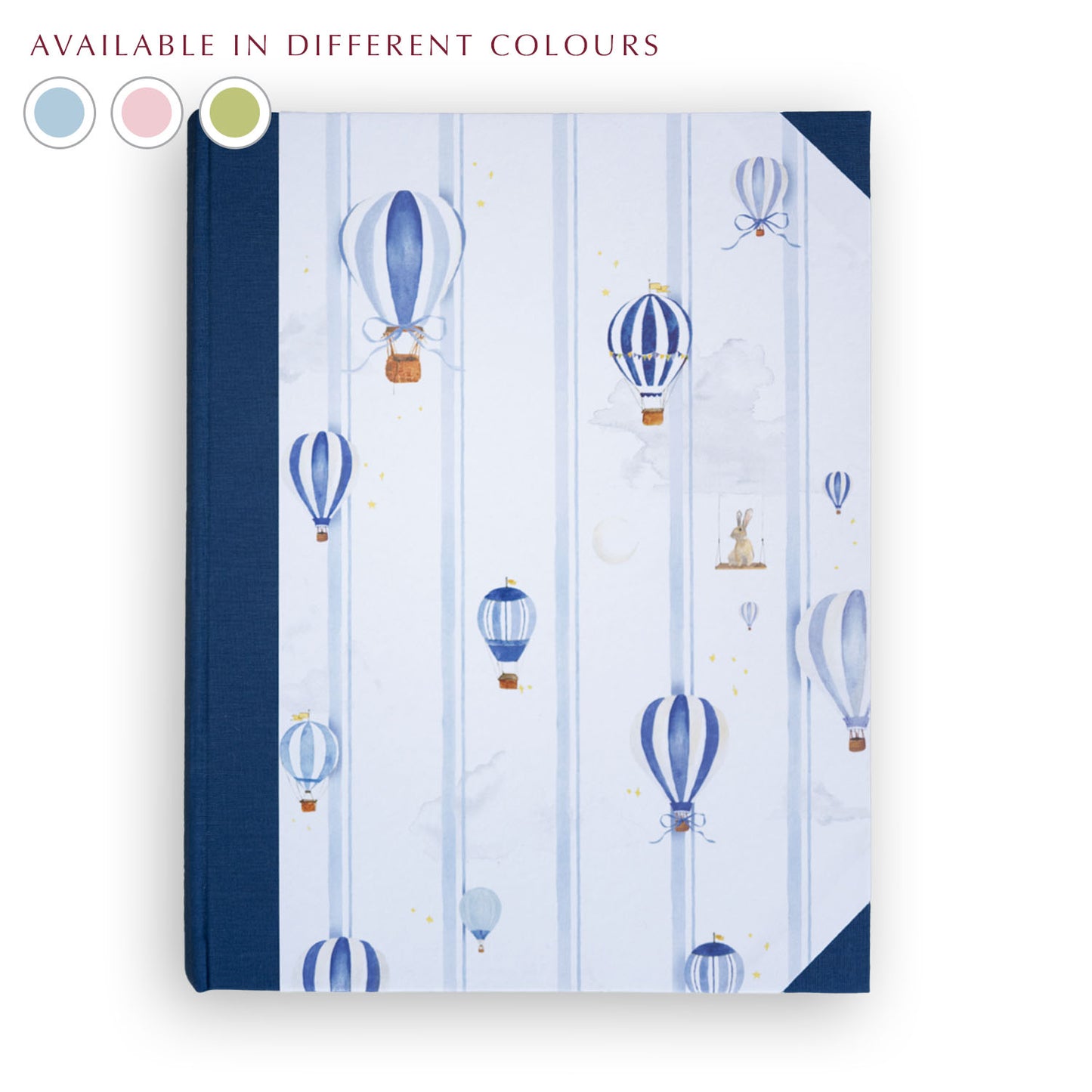Light blue Hot Air Balloons Photo Album cover with hand painted balloon design, personalised family photo album handmade in Italy.