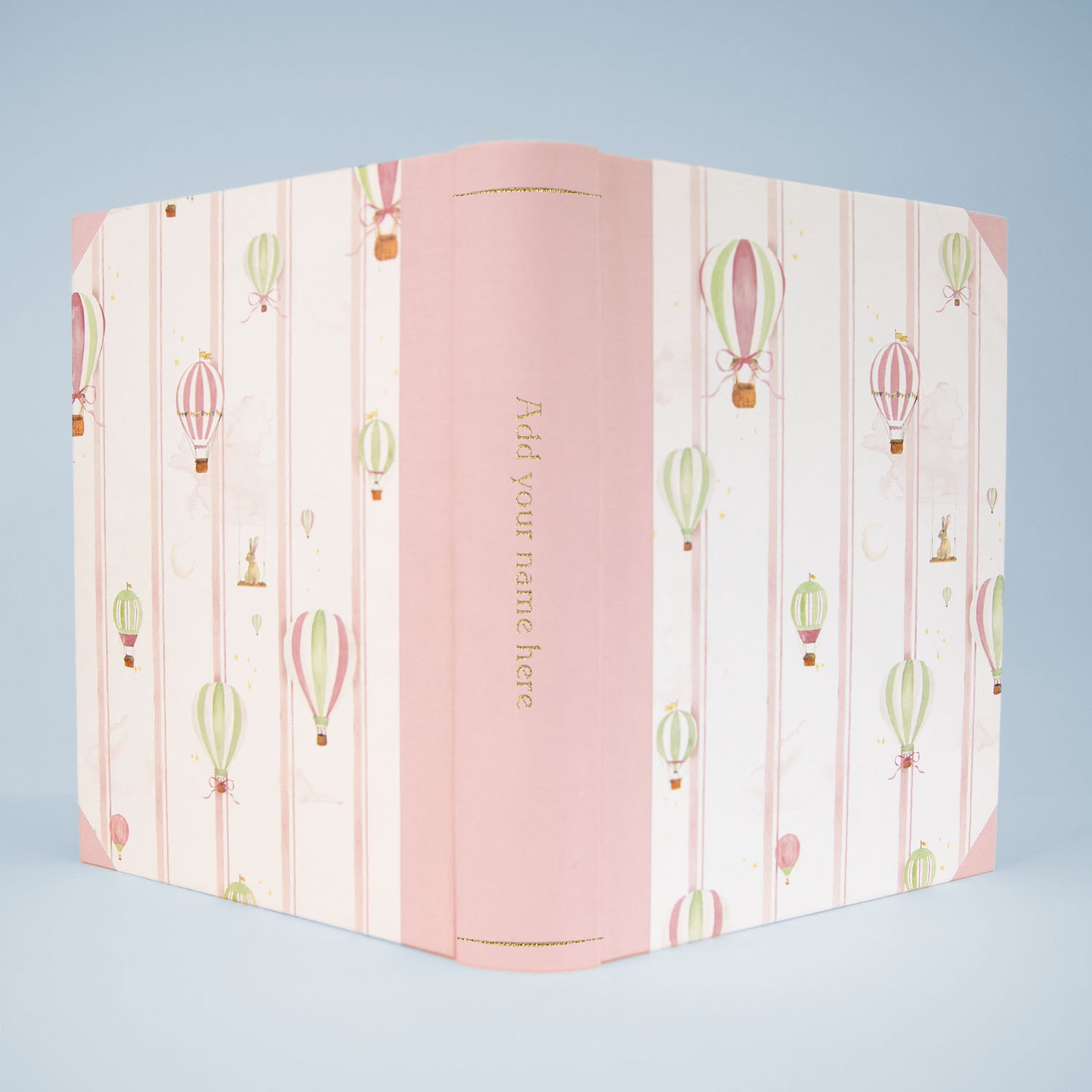 Pink Hot Air Balloons family photo album cover design, handmade memory book for baby showers, baptisms and christenings.