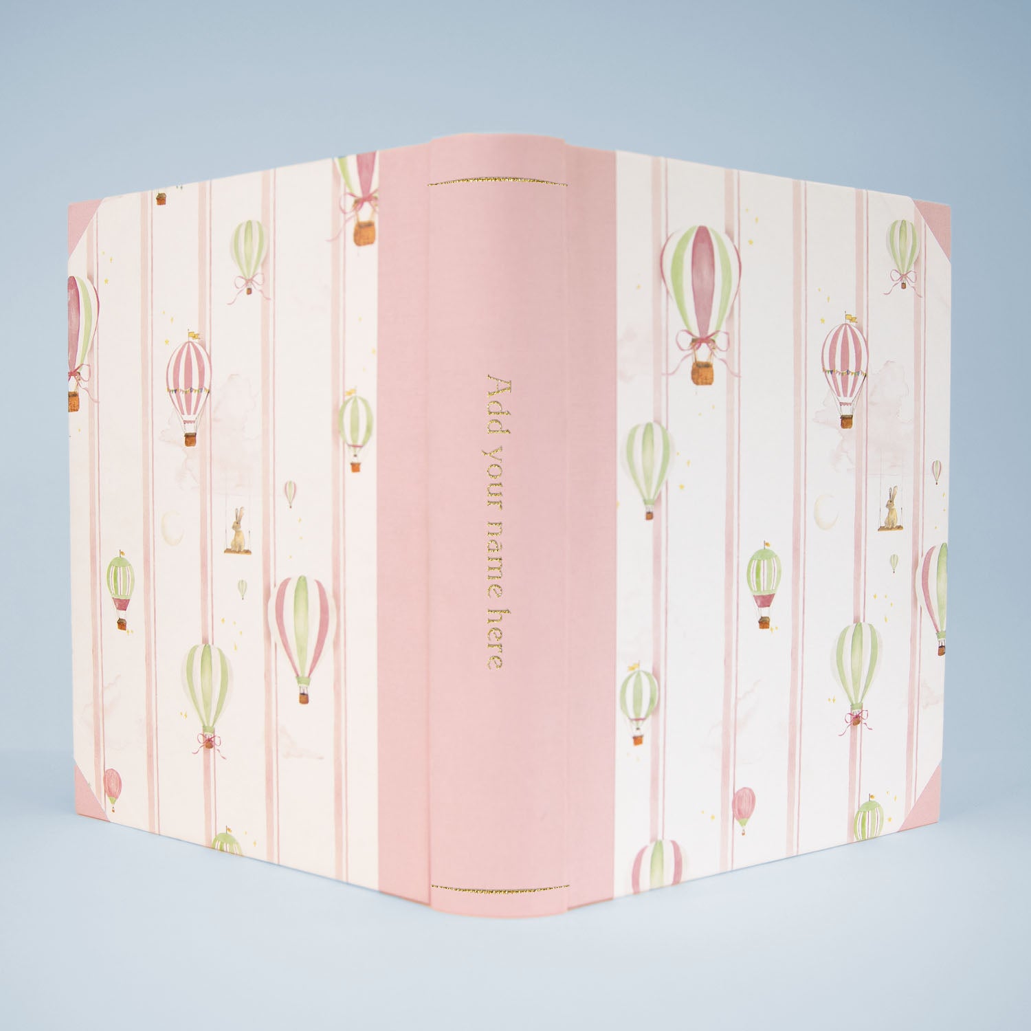 Pink Hot Air Balloons family photo album cover design, handmade memory book for baby showers, baptisms and christenings.