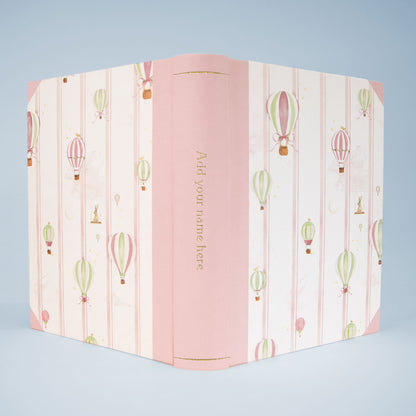 Pink Hot Air Balloons family photo album cover design, handmade memory book for baby showers, baptisms and christenings.