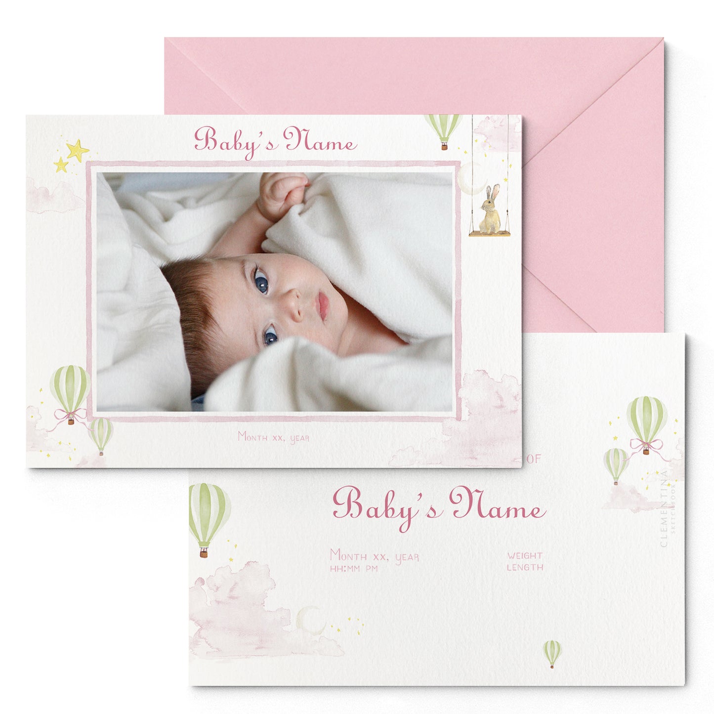 Image of both sides of Clementina Sketchbook's hot air balloon printed birth announcement with a pink border, personalised text, space for a baby photo to be stuck and a pink envelope.