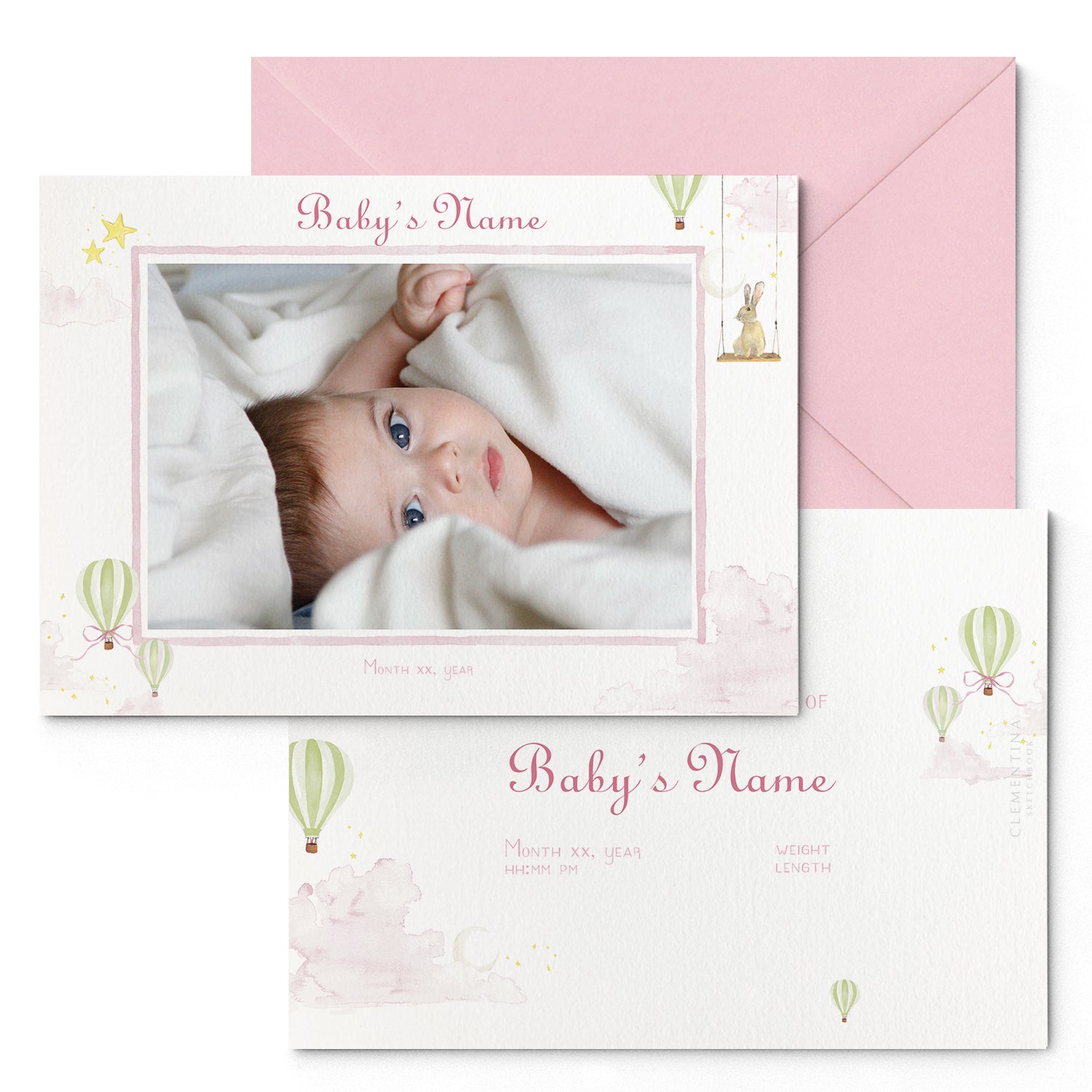 Image of both sides of Clementina Sketchbook's hot air balloon printed birth announcement with a pink border, personalised text, space for a baby photo to be stuck and a pink envelope.