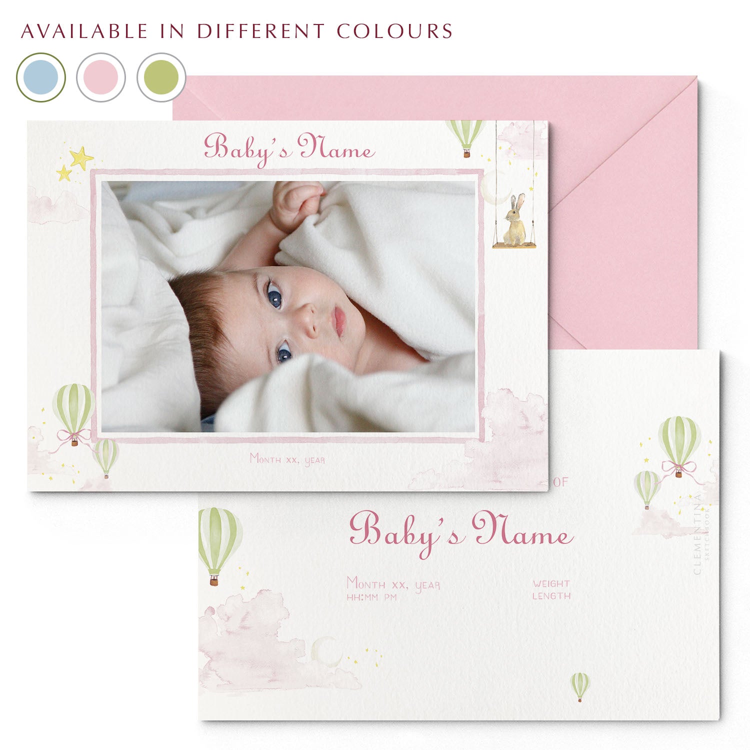 Image of both sides of Clementina Sketchbook's hot air balloon printed birth announcement with a pink border, personalised text, space for a baby photo to be stuck and a green envelope. In the corner of the image is a colour wheel showing the different colours the personalised birth announcement is available in: green, pink and blue.                                                                                                                  