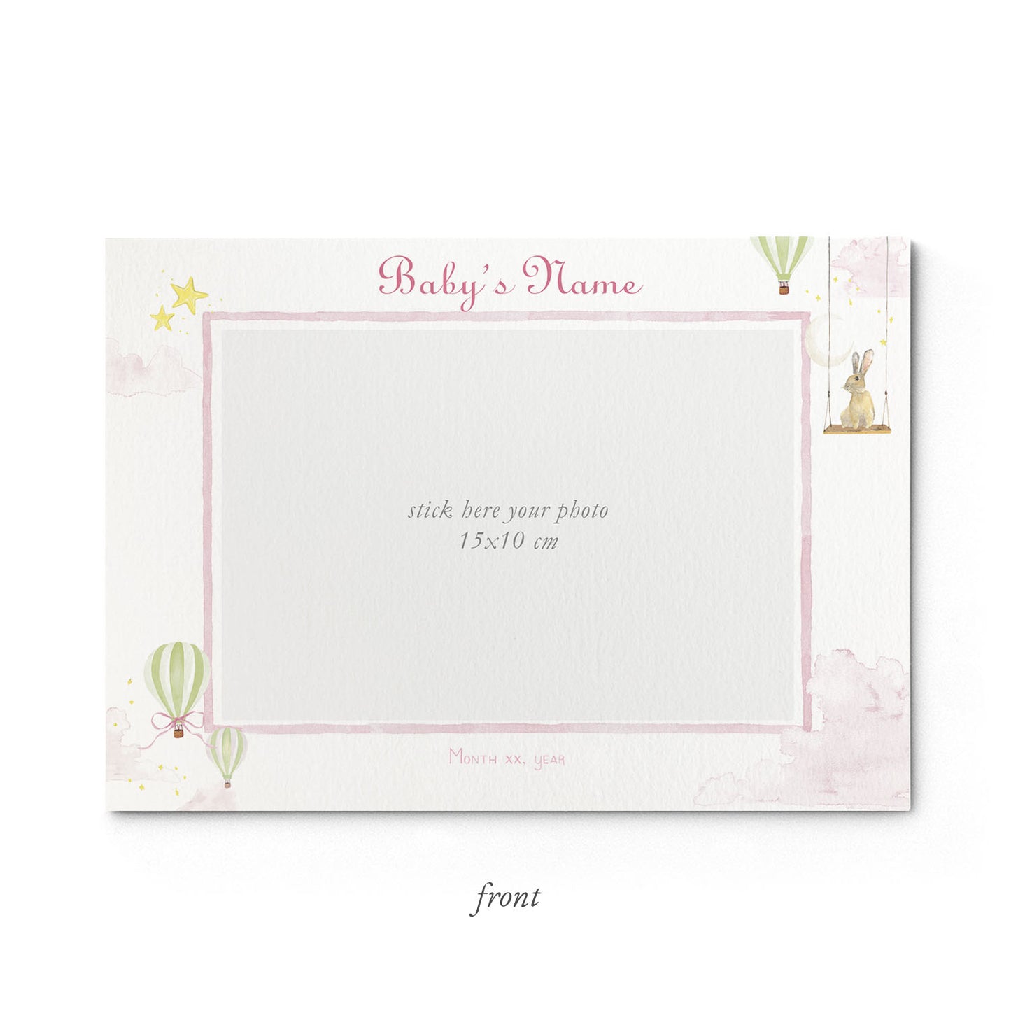 Image of the front of Clementina Sketchbook's hot air balloon printed birth announcement with a pink border and space for a baby photo to be stuck.