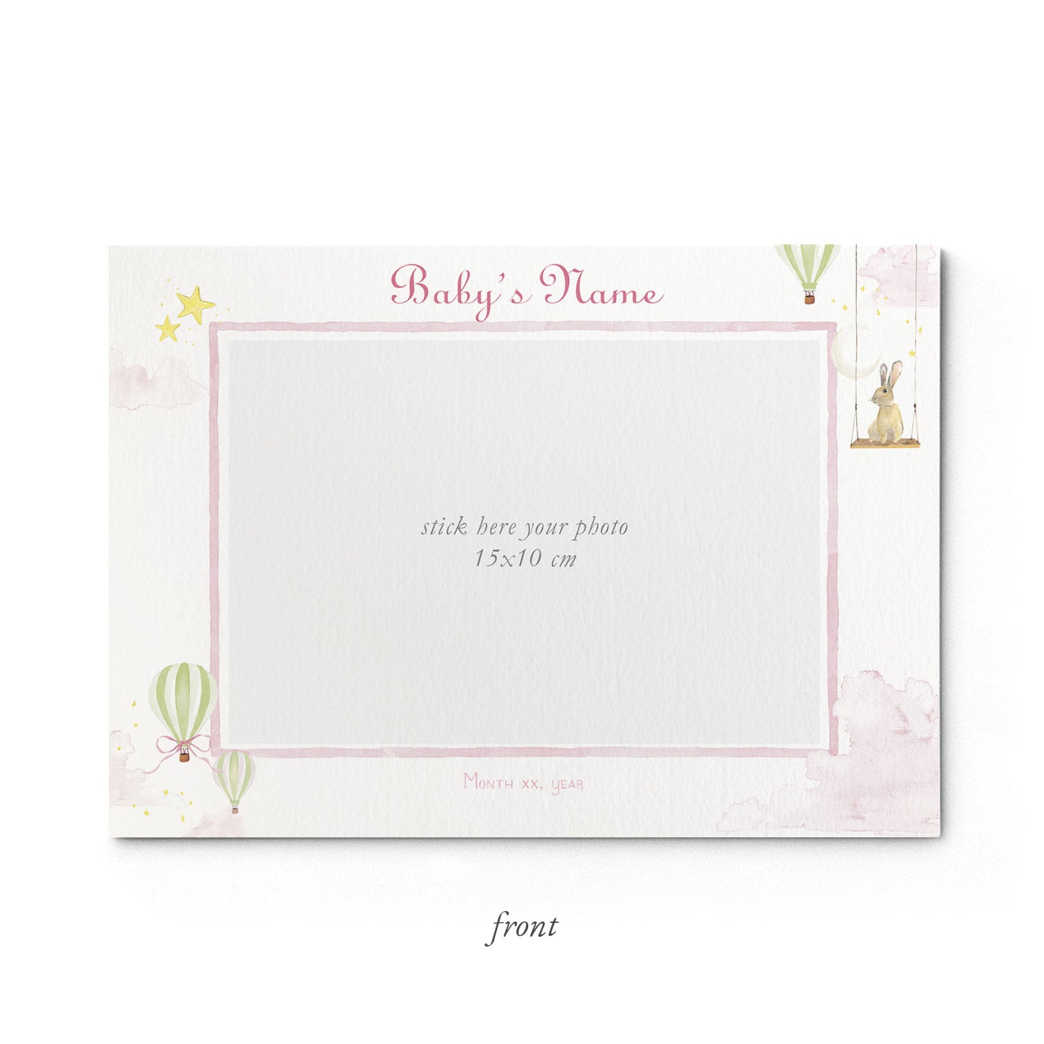 Image of the front of Clementina Sketchbook's hot air balloon printed birth announcement with a pink border and space for a baby photo to be stuck.