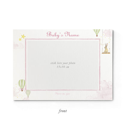 Image of the front of Clementina Sketchbook's hot air balloon printed birth announcement with a pink border and space for a baby photo to be stuck.