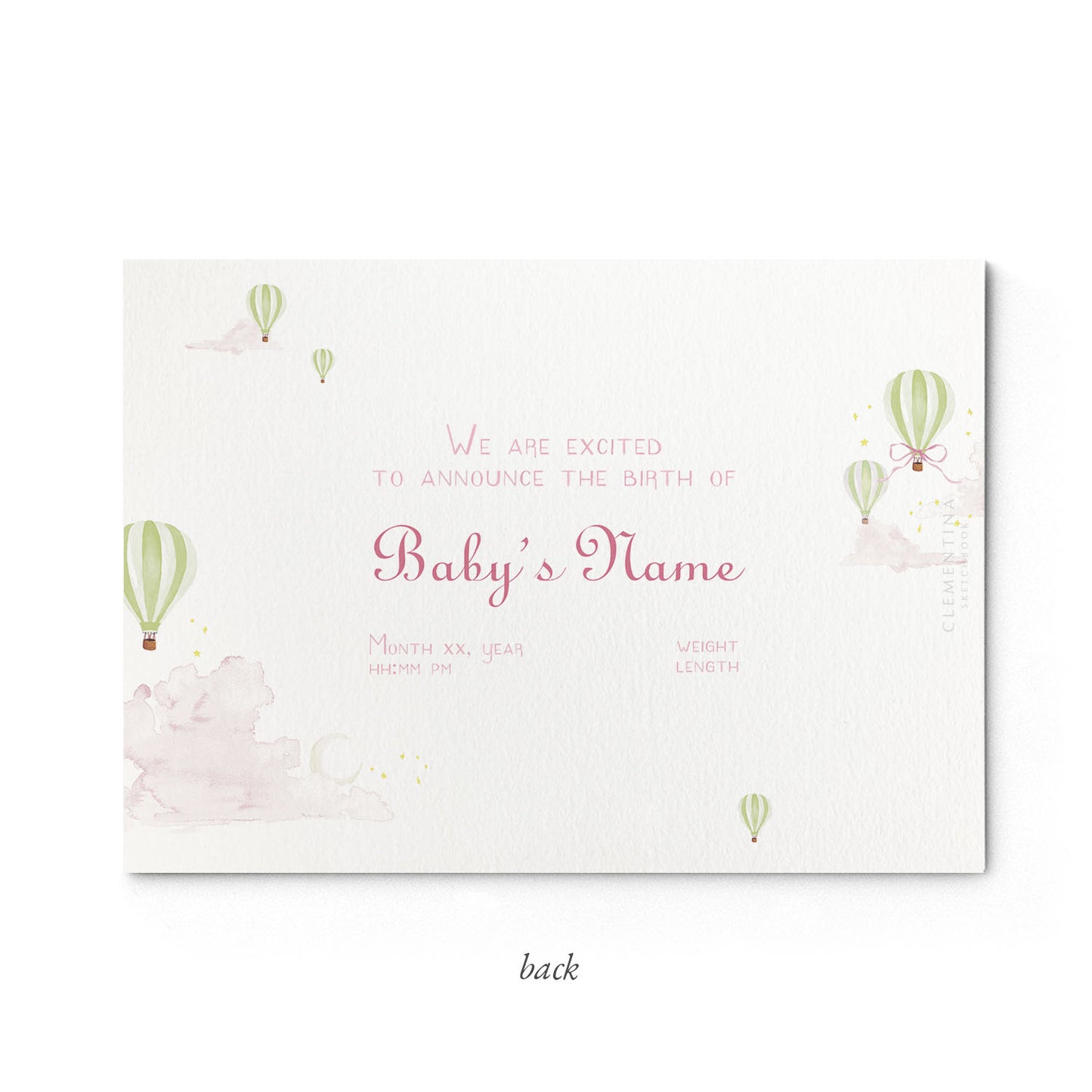 Image of the back of Clementina Sketchbook's hot air balloon printed birth announcement with hand-painted watercolour designs and space for personalised text.