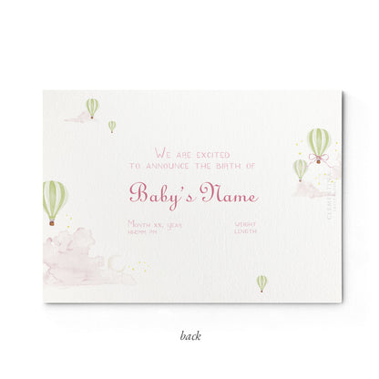 Image of the back of Clementina Sketchbook's hot air balloon printed birth announcement with hand-painted watercolour designs and space for personalised text.
