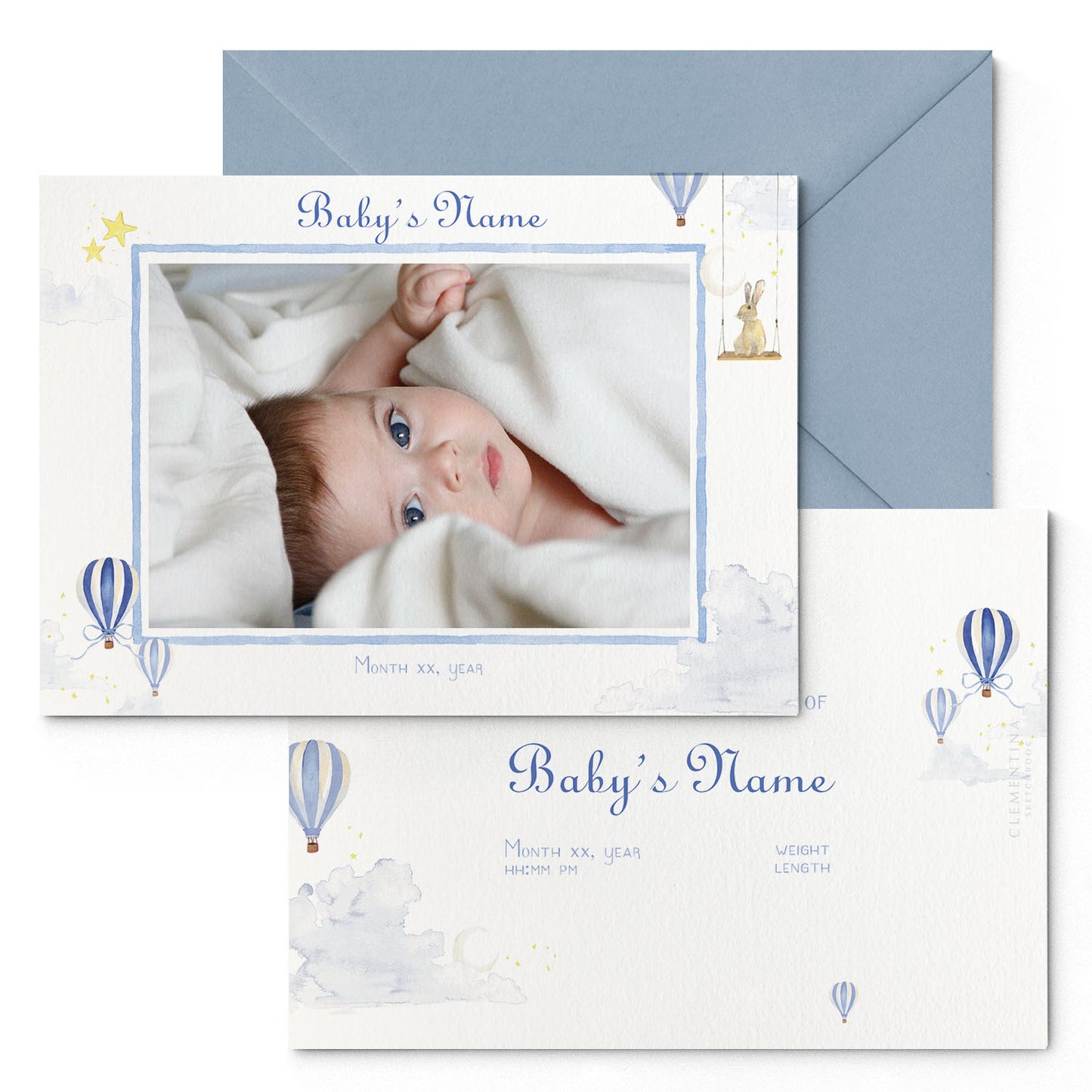 Image of both sides of Clementina Sketchbook's hot air balloon printed birth announcement with a blue border, personalised text, space for a baby photo to be stuck and a blue envelope.
