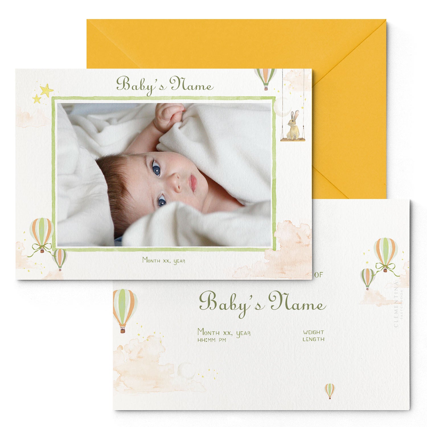 Image of both sides of Clementina Sketchbook's hot air balloon printed birth announcement with a green border, personalised text, space for a baby photo to be stuck and a yellow envelope.
