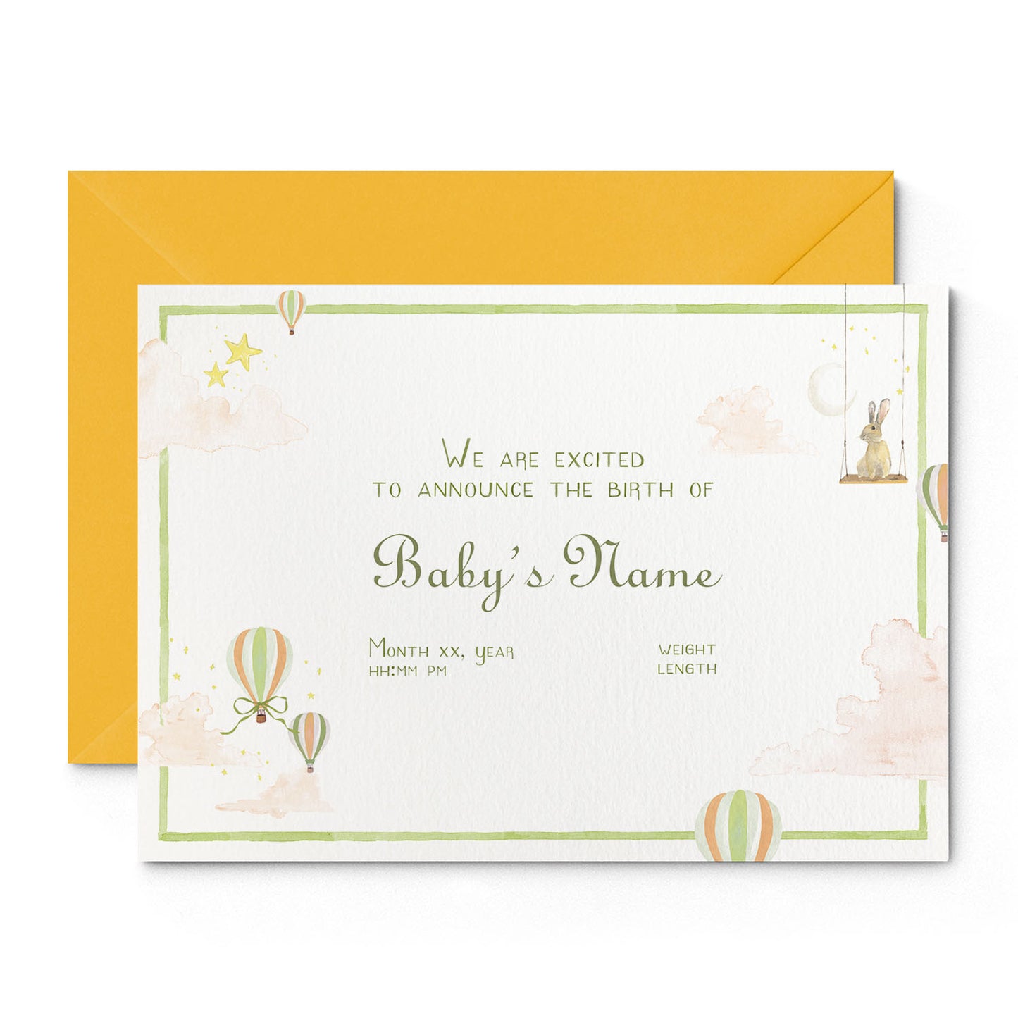 Image of both sides of Clementina Sketchbook's hot air balloon printed birth announcement with a blue border, personalised text, space for a baby photo to be stuck and a blue envelope.