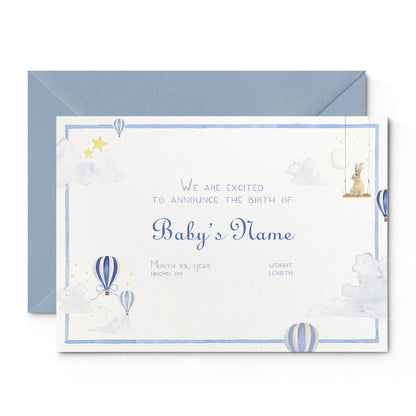 Image of both sides of Clementina Sketchbook's hot air balloon printed birth announcement with a green border, personalised text, space for a baby photo to be stuck and a yellow envelope.
