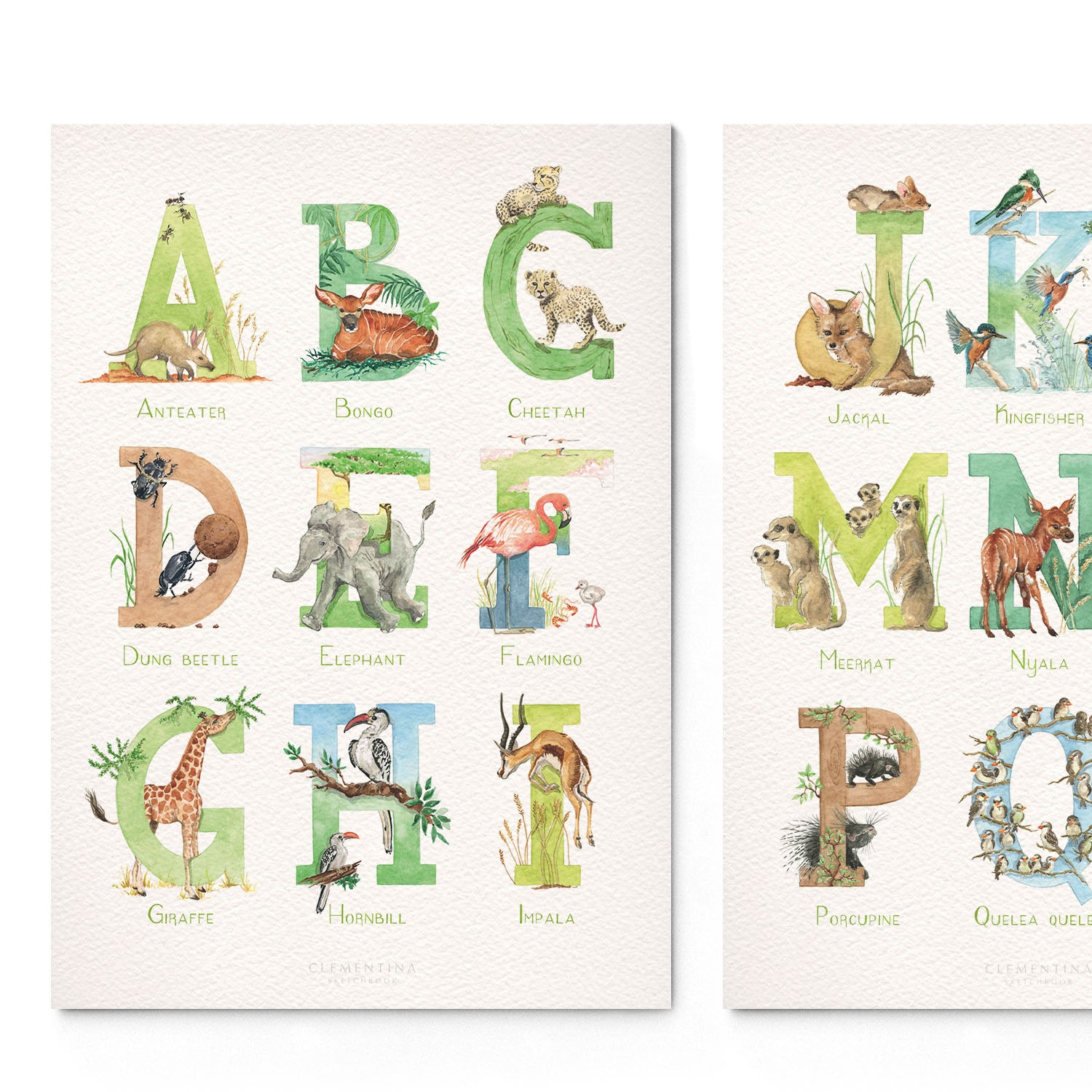 Overview of the african animal print alphabet, featuring unique watercolour designs for each letter.