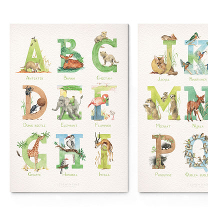 Overview of the african animal print alphabet, featuring unique watercolour designs for each letter.