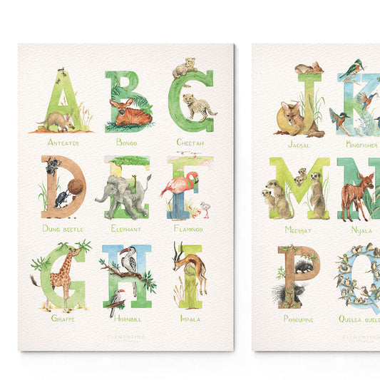 Overview of the african animal print alphabet, featuring unique watercolour designs for each letter.