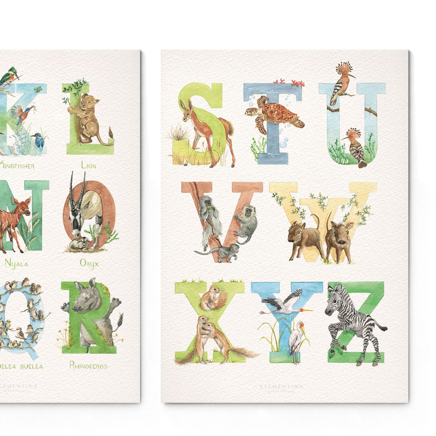 Overview of the african animal print alphabet, featuring unique watercolour designs for each letter.