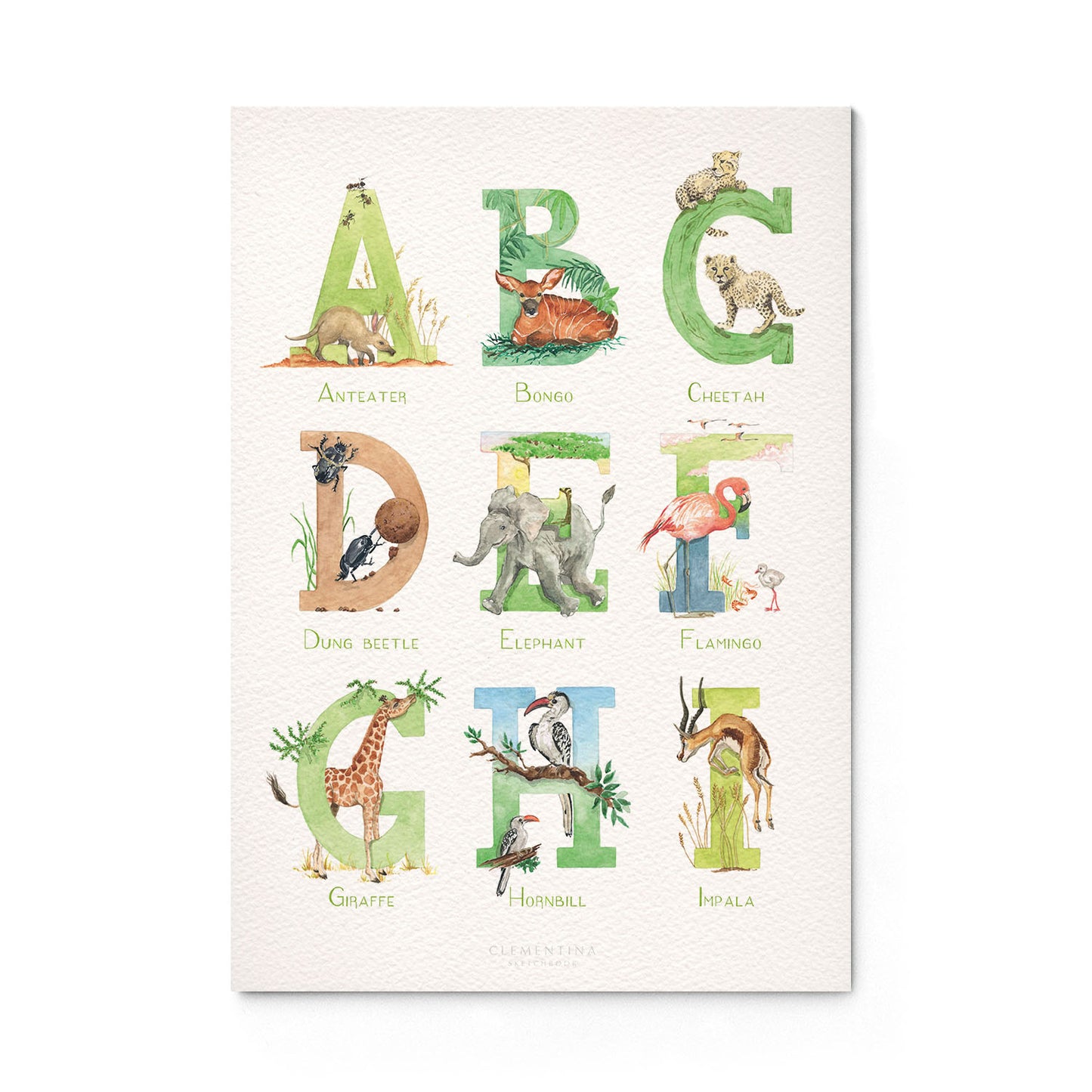 Overview of the inital print alphabet, featuring unique watercolour designs for the letters A-I.