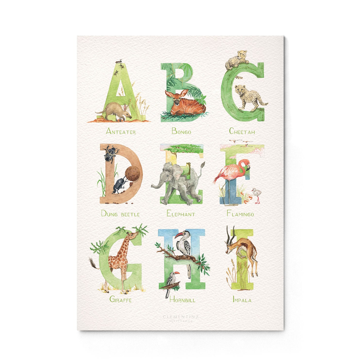 Overview of the inital print alphabet, featuring unique watercolour designs for the letters A-I.