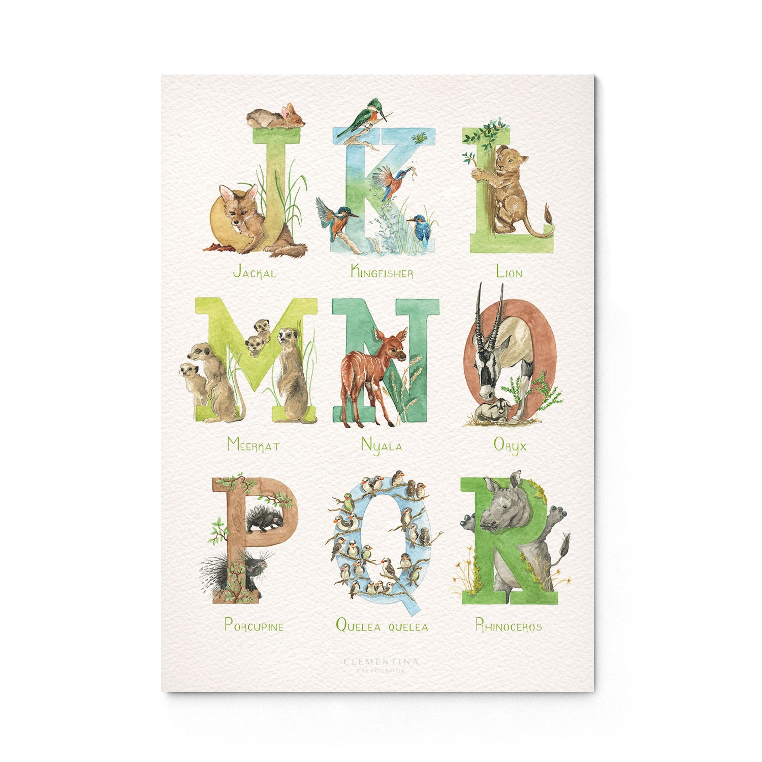 Overview of the inital print alphabet, featuring unique watercolour designs for the letters J-R.