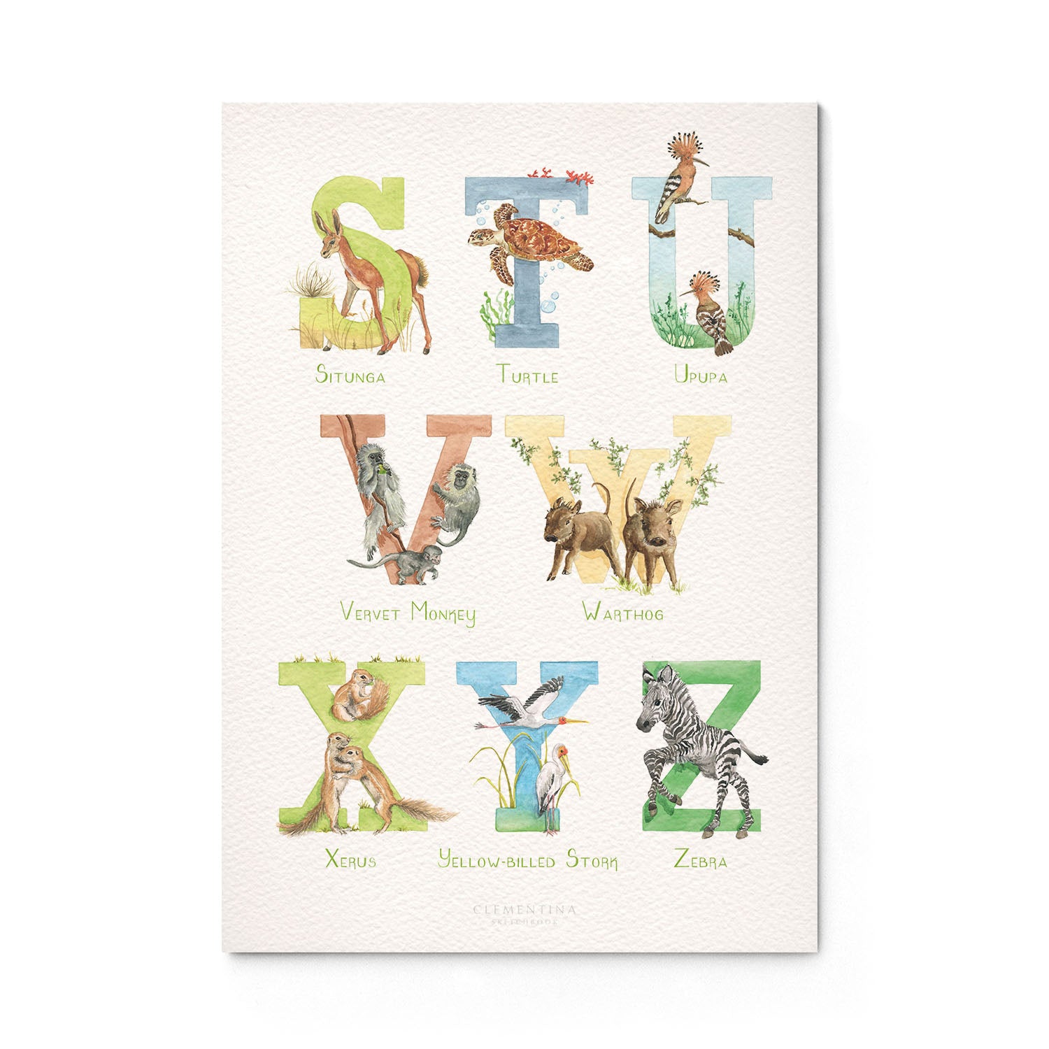 Overview of the inital print alphabet, featuring unique watercolour designs for the letters S-Z.
