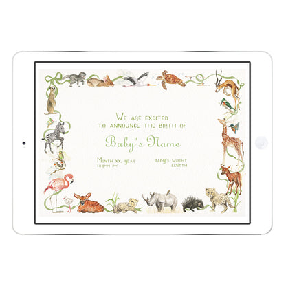 Blank Little African World digital birth announcement template from Clementina Sketchbook with watercolour safari animal border, ready for personalised name and birth stats.
