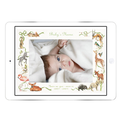 Little African World digital birth announcement from Clementina Sketchbook with baby photo on an iPad screen, featuring hand-painted watercolour safari animals and green ribbon border with personalised birth details.
