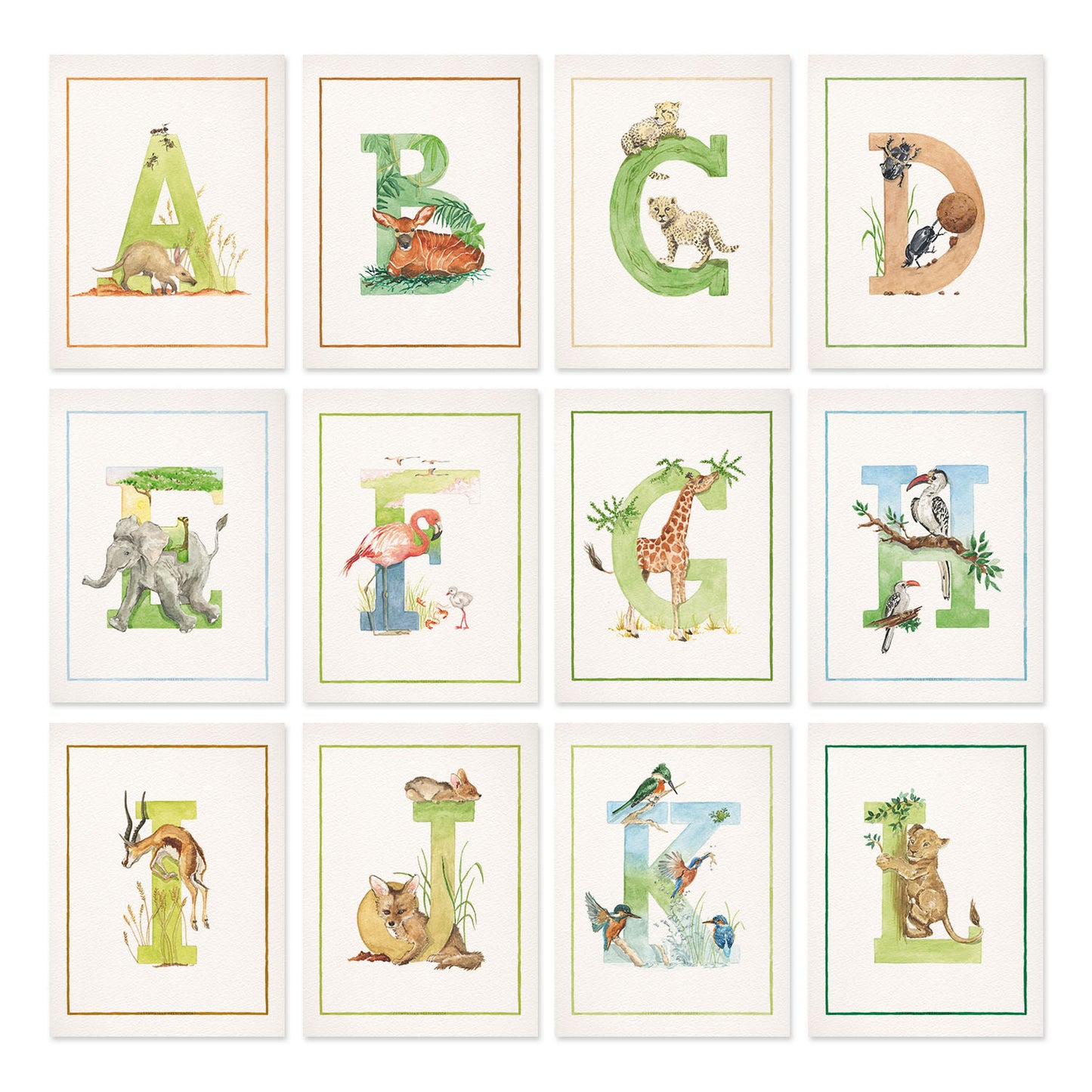 Overview of the inital print alphabet, featuring unique watercolour designs for the letters A-L.