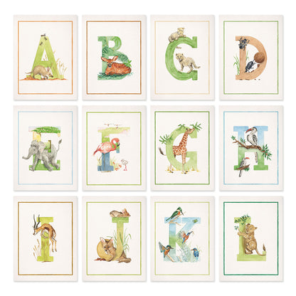 Overview of the inital print alphabet, featuring unique watercolour designs for the letters A-L.