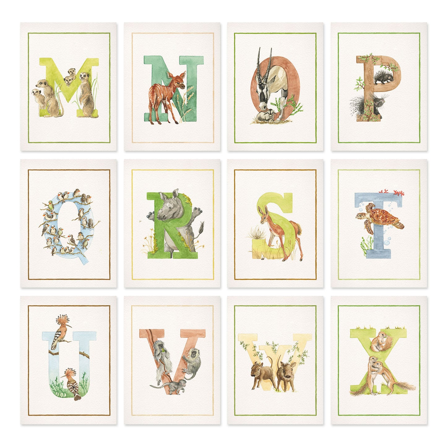 Overview of the inital print alphabet, featuring unique watercolour designs for the letters M-X.