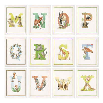 Overview of the inital print alphabet, featuring unique watercolour designs for the letters M-X.