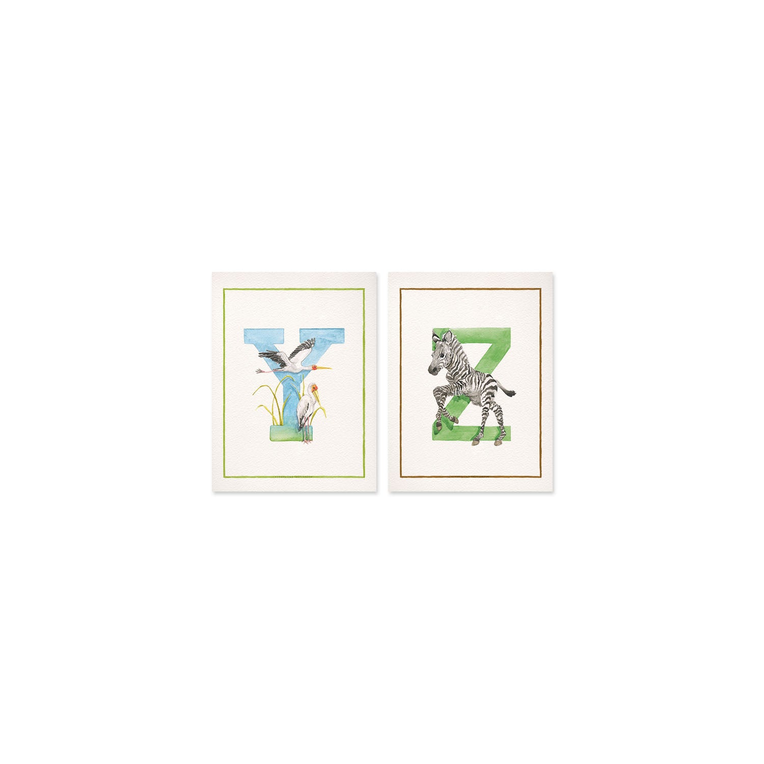 Overview of the inital print alphabet, featuring unique watercolour designs for the letters Y and Z.             