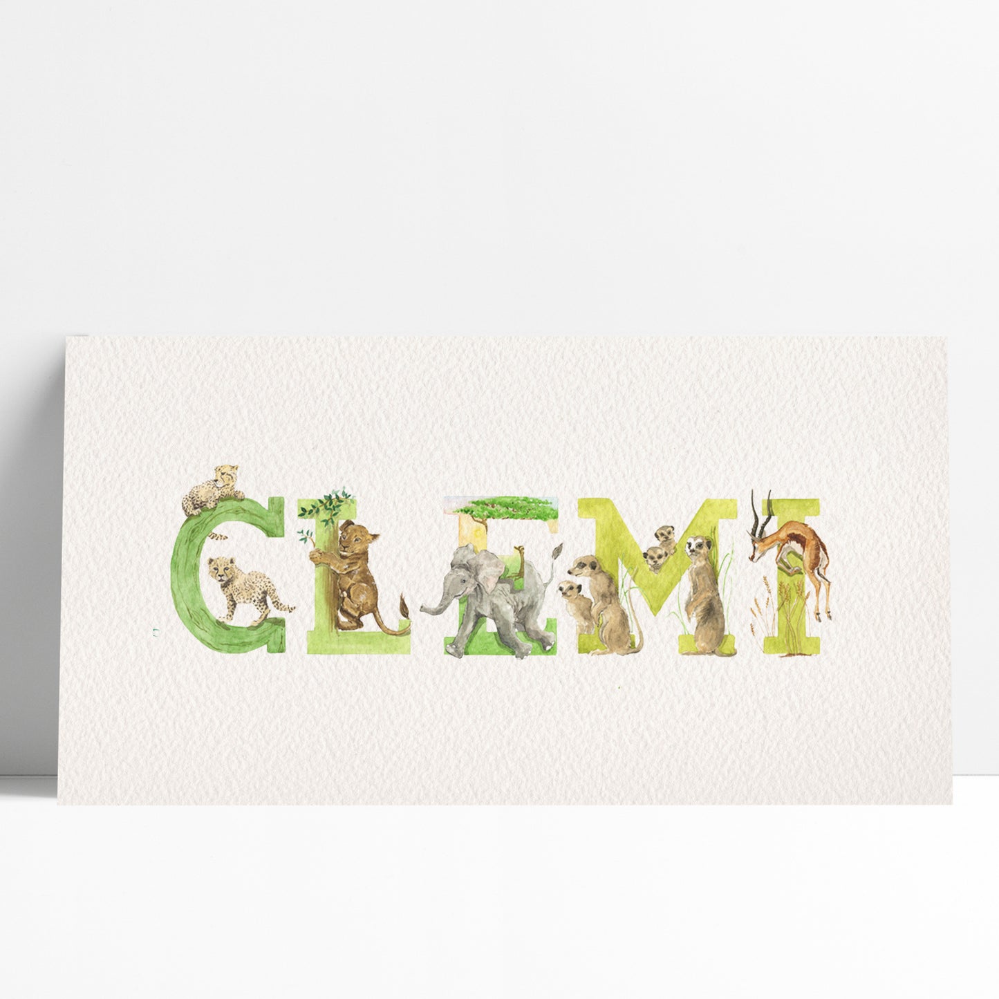 Close-up of the african animals personalised name print, which spells out 'Clemi'. Children's name wall art where each letter has a unique watercolour design.