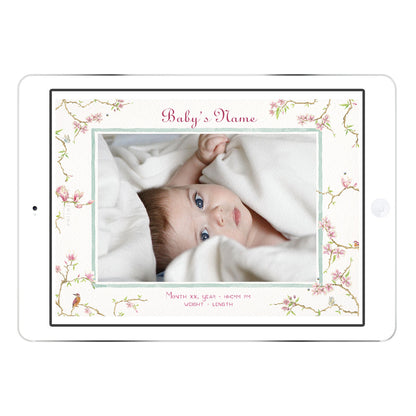 Magnolia digital Birth Announcement from Clementina Sketchbook with baby photo on an iPad screen, featuring hand-painted watercolour magnolia branches framing the picture and details below.