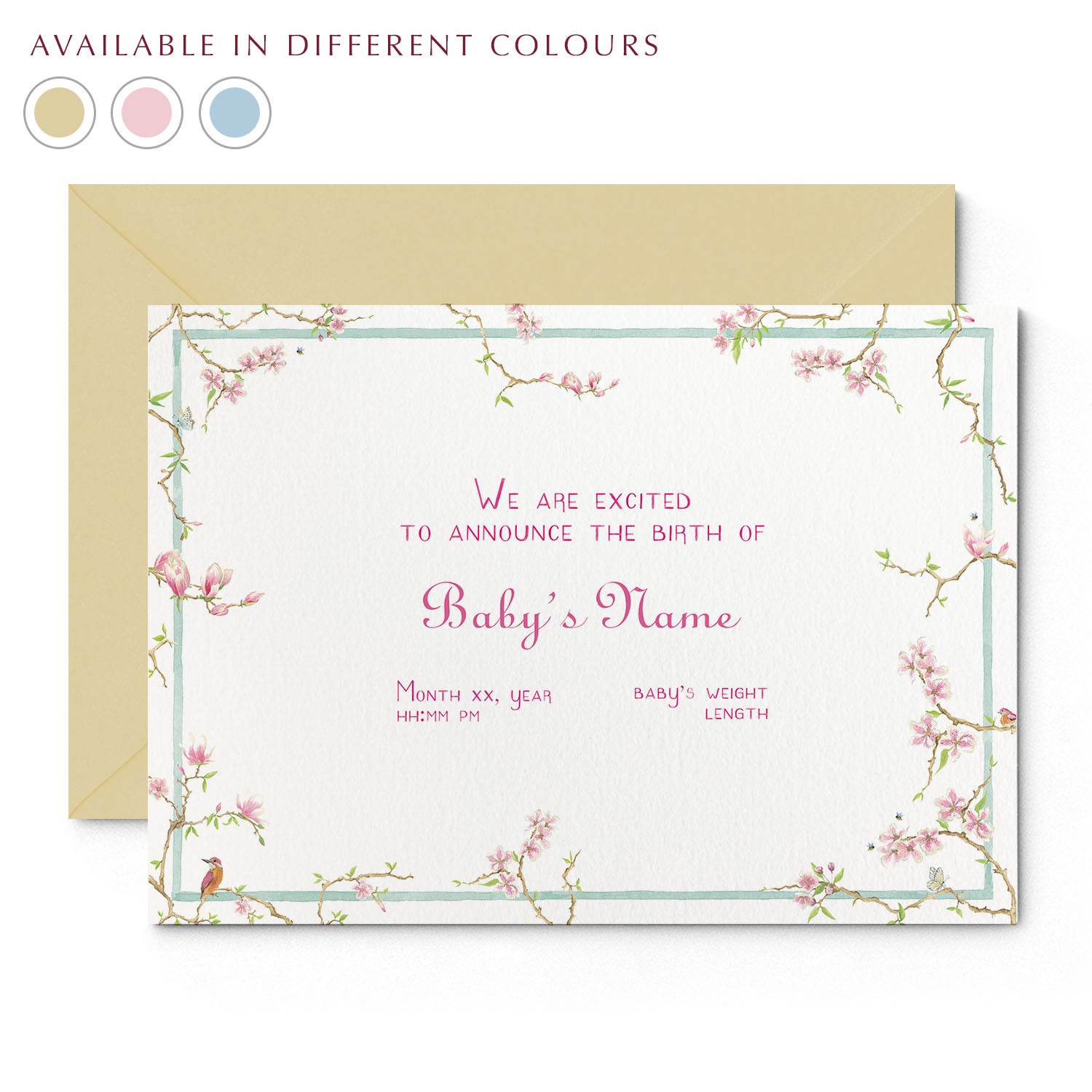 Image of Clementina Sketchbook's magnolia printed birth announcement with a pale blue and floral border, personalised text and yellow envelope. In the corner of the image there is a colour wheel showing the different colours available for this personalised birth announcements: sand, pink and blue.