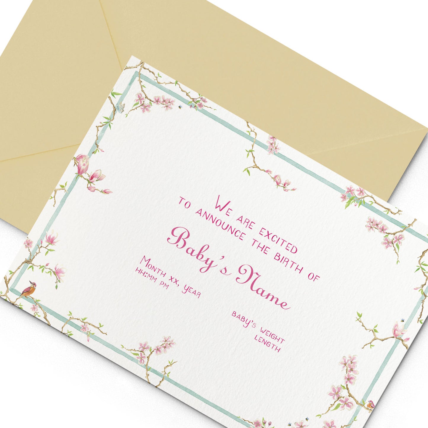 Image of Clementina Sketchbook's magnolia printed birth announcement with a pale blue and floral border, personalised text and sand envelope.