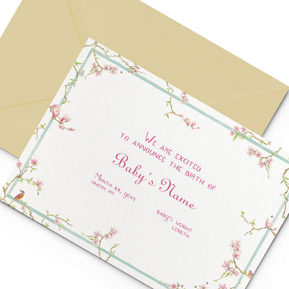 Image of Clementina Sketchbook's magnolia printed birth announcement with a pale blue and floral border, personalised text and sand envelope.