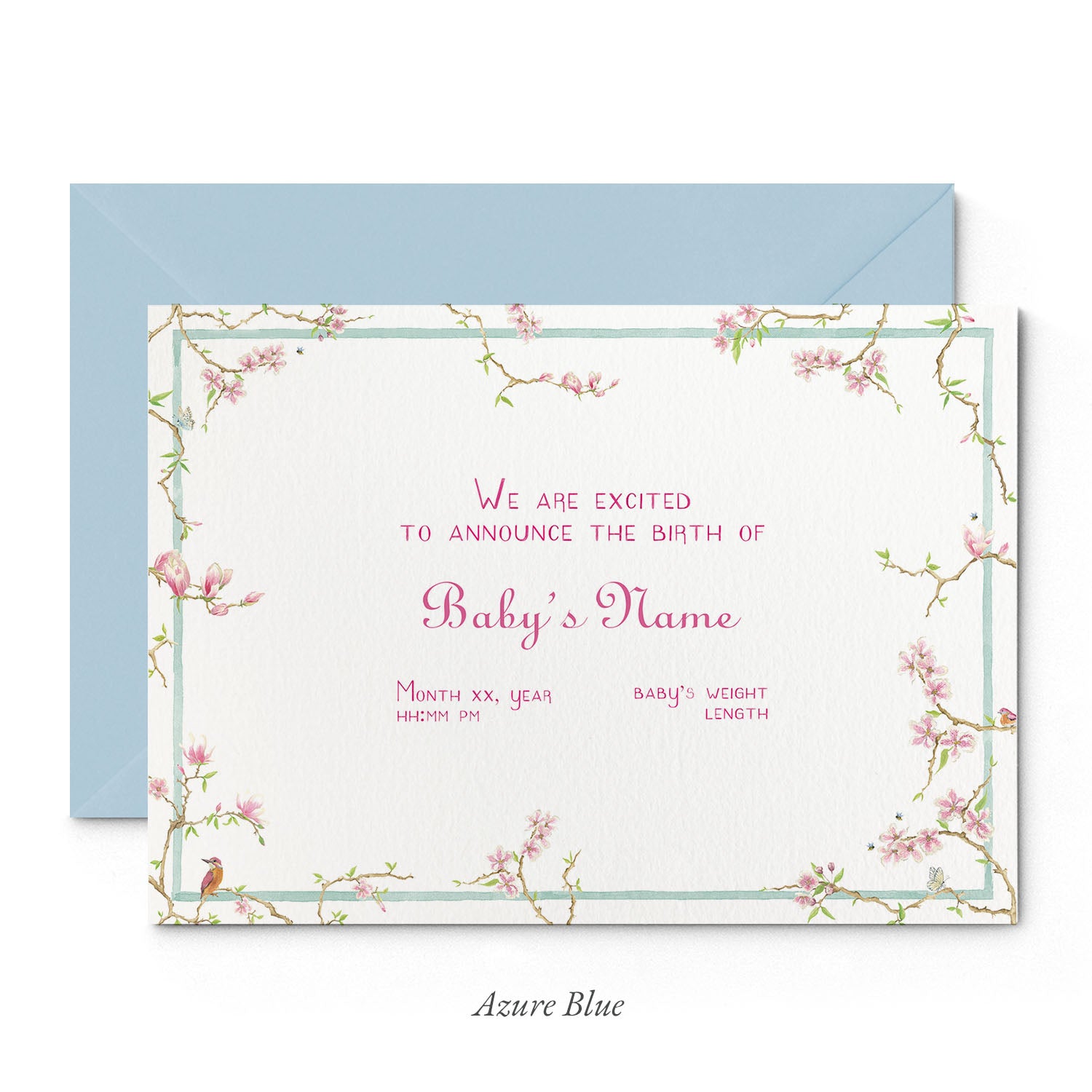 Image of Clementina Sketchbook's magnolia printed birth announcement with a pale blue and floral border, personalised text and pale blue envelope.