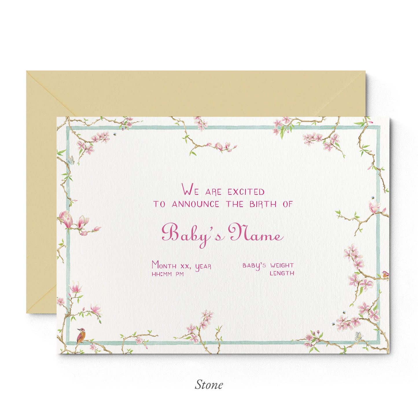 Image of Clementina Sketchbook's magnolia printed birth announcement with a pale blue and floral border, personalised text and sand envelope.