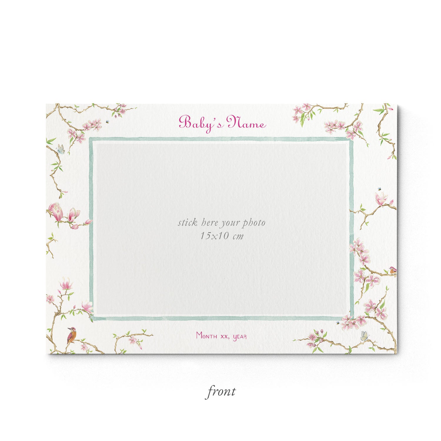 Image of the front of Clementina Sketchbook's magnolia printed birth announcement with a floral border and space for a baby photo to be stuck.