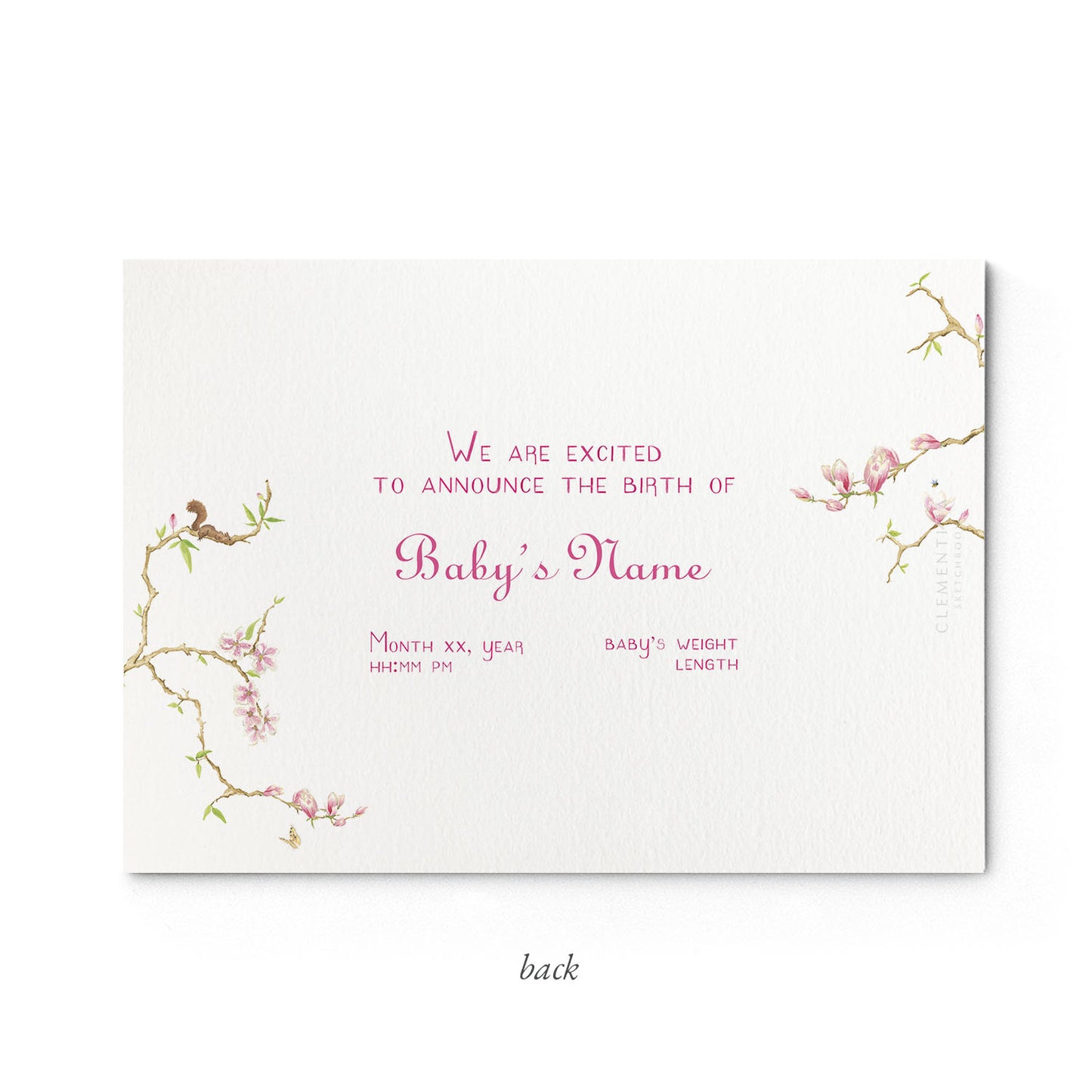 Image of the back of Clementina Sketchbook's magnolia printed birth announcement with a floral border and space for personalised text.